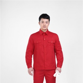 中國(guó)紅全棉細(xì)斜紋長(zhǎng)袖套裝 車(chē)間工作服定做