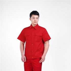 中國(guó)紅全棉細(xì)斜紋短袖套裝  四川定做廠服